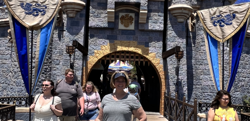 Rebecca in front of a castle